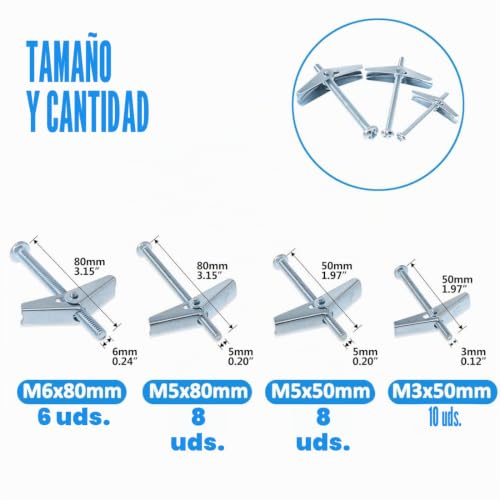 Miniatura 2 de Bestychao 32 Piezas 4 Tamaños De Perno De Palanca De Resorte Con Tornillos Surtido Kit M3 M5 M6 Para Placas De Yeso Huecos De Pared