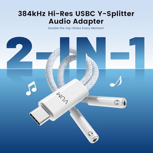 Image of VUM USB-C to Dual 3.5mm Headphones Jack Hi-Res Audio Adapter Splitter | 32-bit /384kHz Hi-Res, TRRS HD Mic Input Supported, 1-in 2-Out Hi-Fi Stereo USBC Audio Splitter, OFC Cable with Silver-Plated