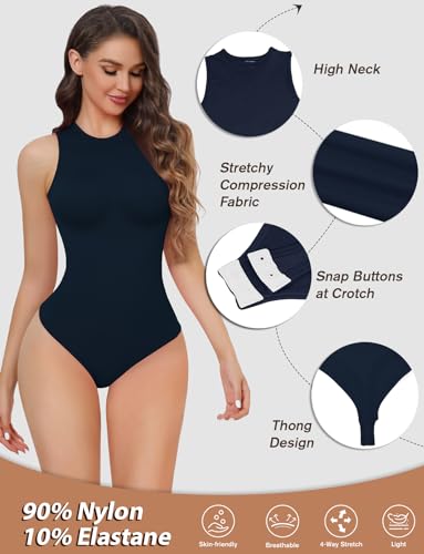 Image of Women's Tummy Control Shapewear Bodysuit High Neck Seamless Body Shaper Sleeveless Racerback Thong Body Suit Tank