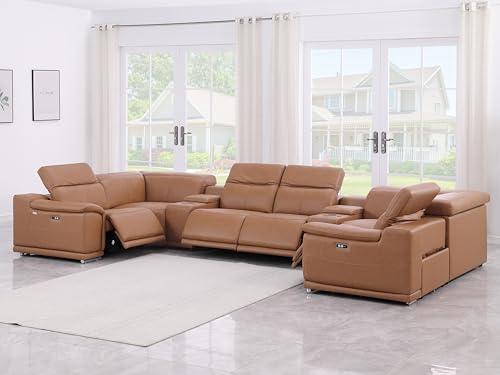 BlackJack Furniture Venice 8-Piece Top Grain Italian Leather Sectional Reclining Sofa Set with 4 Power Recliners, Adjustable Headrests, USB and Wireless Phone Charger and Console Storage, Cognac