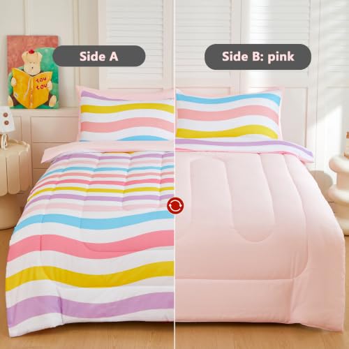 Image of Twin Bedding Set for Girls 5 Piece Pink Macaron Wavy Comforter Set for Girls Super Soft Microfiber Bed Set Bed in a Bag with Comforter Sheets Pillowcase & Sham (5 Piece Twin Size)