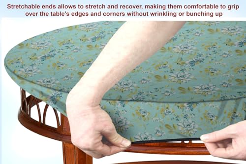 Image of The Furnishing Tree Elastic Cotton Oval Center Table Cover 18x60 in Inches Floral Golden Leaf on Blue Base