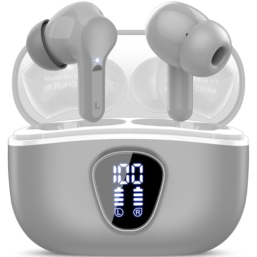 Cuffie Bluetooth, Auricolari Bluetooth 5.3 Stereo HiFi con 4 HD Mic, Cuffie Wireless In Ear ENC Cancellazione Rumore, 40 Ore LED Display Touch Control, Cuffiette Bluetooth IP7, grigio
