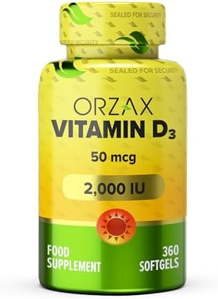 ORZAX Vitamin D3 2000 iu (50 mcg) – Non-GMO, Gluten Free, Sugar Free, Dairy Free – 1 Year Supply for Strong Muscle Function and Immune Support – Mood Supplement for Wellness (360 Softgel)