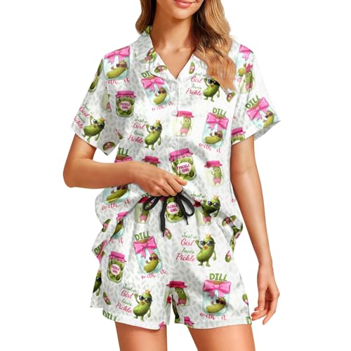 Image of Silk Satin Pajama Set for Women Summer Lounge Pjs Sets 2 Piece Suit Ladies Button Down Tops And Shorts Sleepwear