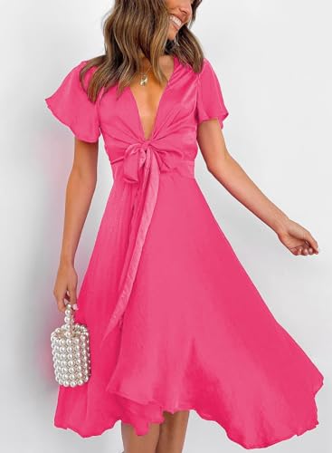 Image of miduo Womens Satin V Neck Ruffle Short Sleeve Tie Front High Waist Midi A-Line Maxi Dresses