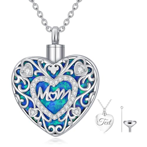 SOULMEET Parent Mother and Father Mom and Dad Urn Necklace for Ashes, Heart Opal Ashes Necklaces with Mom/Dad Engraved Keepsake Cremation Locket Jewelry for Loss Mommy Daddy