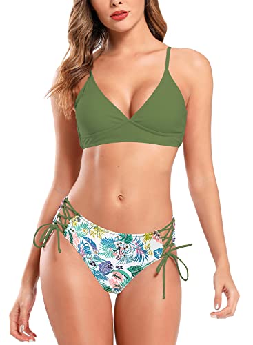 SHEKINI Traje de baño de Dos Piezas con Cuello en V para Mujer con Cordones y Estampado Floral - Verde - Medium