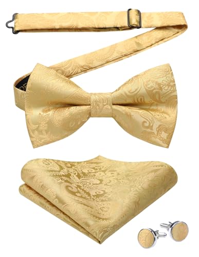 HISDERN Mens Gold Bow Tie Paisley Bowtie and Pocket Square Cufflinks Set Pre-Tied Bow-tie for Texudo Wedding Party