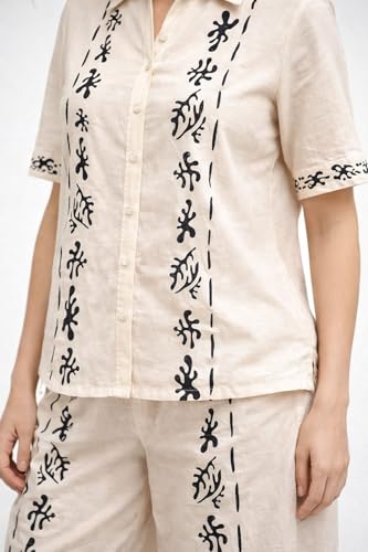 Image of Women's Cotton Blend Collared Casual Co-Ord Set with Palazzo Pants | Beige