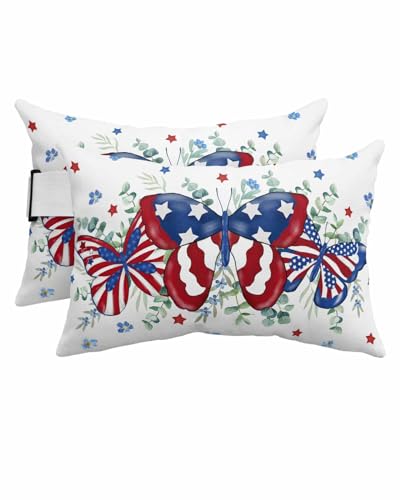 Anzona Pack of 2 4th of July Butterfly Lumbar Pillow Covers, Outdoor Waterproof Throw Pillow Covers Set, Blue Red Star Watercolor Botanical Decorative Cushion Case for Patio Beach, 11x16 Inch