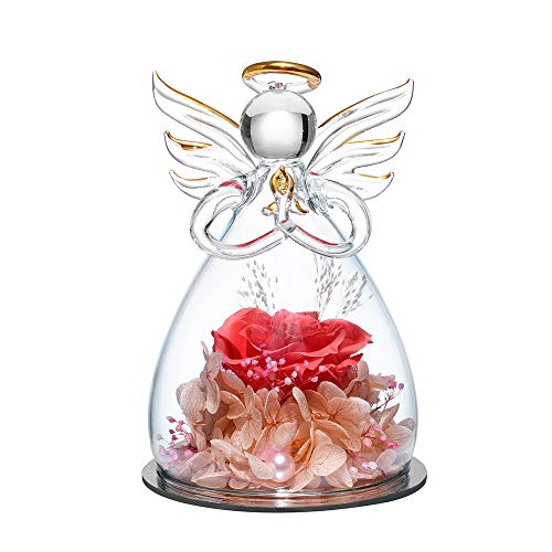 ANLUNOB Forever Rouge Pink Rose in Angel Glass Figurines - Artificial Flower in A Glass Dome Eternal Flowers Galaxy Rose Gifts for Women, Christmas, Wedding, Valentine's Day, Anniversary and Birthday