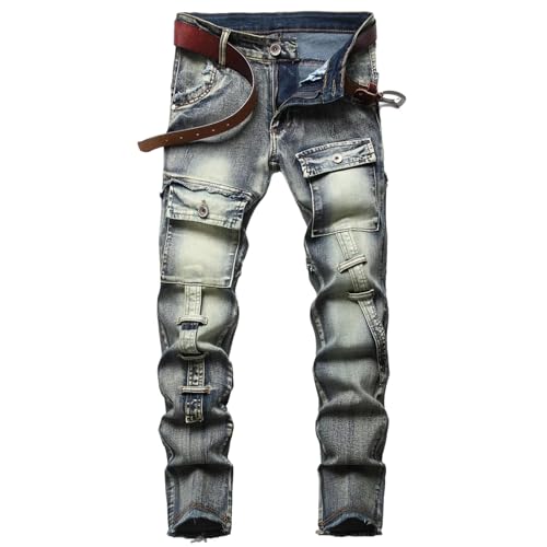 Men's Vintage Ripped Jeans (Without Belt) Patchwork Straight Leg Skinny Fit Biker Denim Pants