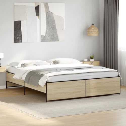 Qnhdfrt Bettgestell Sonoma-Eiche 200x200 cm aus Holzwerkstoff und Metall mit robusten Metallbeinen und Sperrholzlatten für erholsamen Schlaf