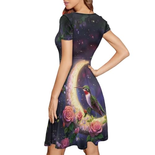 Image of HUGS IDEA Womens Puffy Swing Midi Dress Round Neck Short Sleeve Party A-Line Dresses