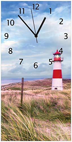 Wallario Design-Wanduhr Leuchtturm am Strand von Sylt aus Glas, Motiv-Uhr Größe 30 x 60 cm, Schwarze Zeiger