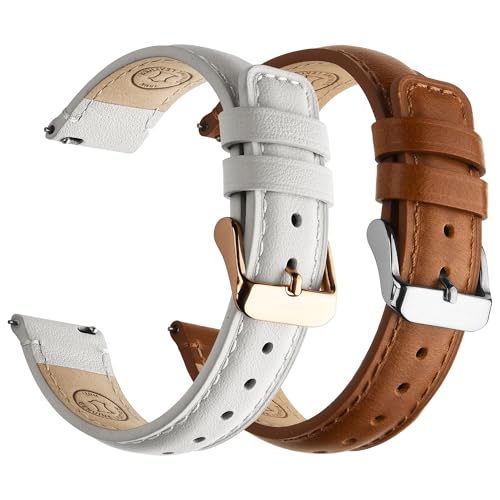 Image of Fullmosa 2 Pack 18mm Leather Watch Bands Quick Release Watch Strap for Men Women, Soft Replacement Strap Wristband with Stainless Steel Buckle,18mm Toffee Brown&White /Silver&Rosa