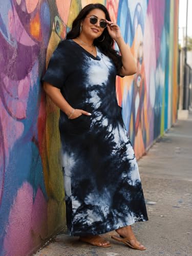 Image of SUZONANA Women Casual T-Shirt Dress V Neck Short Sleeve Solid Color Oversize Dress with Front Two Pockets