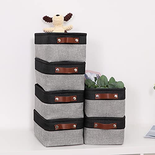 Hnzige Small Storage Baskets Fabric Bins(6-Pack)Baskets For Shelves, Empty Gift Baskets With Leather Handles,Folable Baskets For Organizing Clothes, Toys, Books, Gifts(Black&Gray,11.8" X 7.8" X 5.1") #TOP2