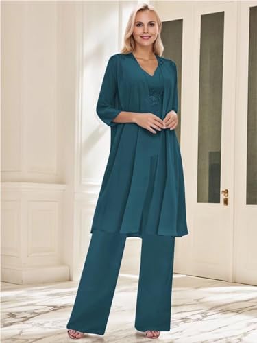 3 Piece Mother of The Bride Pantsuits Chiffon V-Neck Applique Zipper Pant Suits for Formal Wedding with Long Jackets2