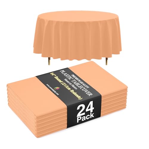 Image of Exquisite 66% Thicker Premium Peach Round Tablecloth 0.5 Mil 24 Pack Plastic Table Cloth Disposable 84 Inch Round Plastic Tablecloth Won't Tear Easily Like Cheap Thin Brands