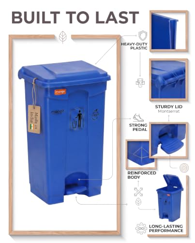 Image of pedal dustbin with lid, heavy duty plastic garbage bin, hands-free step-on waste bin for kitchen, office, home, hotel, bathroom & outdoor use (Blue, 65 Liters)