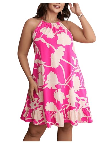 Image of Floerns Women's Plus Size Sleeveless Floral Print Halter Neck Cami Summer Dress Hot Pink 2XL
