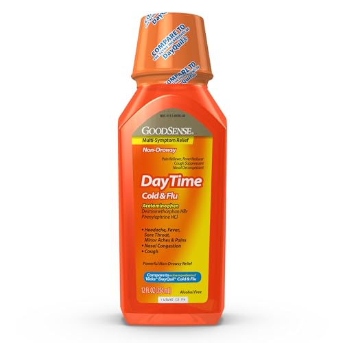 GoodSense Daytime Cold & Flu Multi-Symptom Relief, Non-Drowsy, Effective Relief for Fever, Sore Throat, Cough, Nasal Congestion, 12 Fl Oz