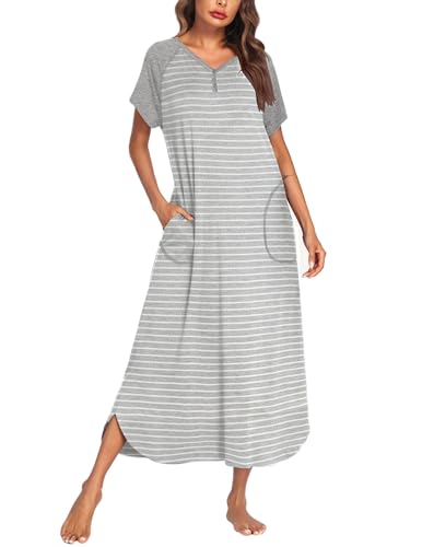 Image of Ekouaer Long Nightgown Women's Loungewear Short Sleeve Sleepwear Full Length Sleep Shirt with Pockets
