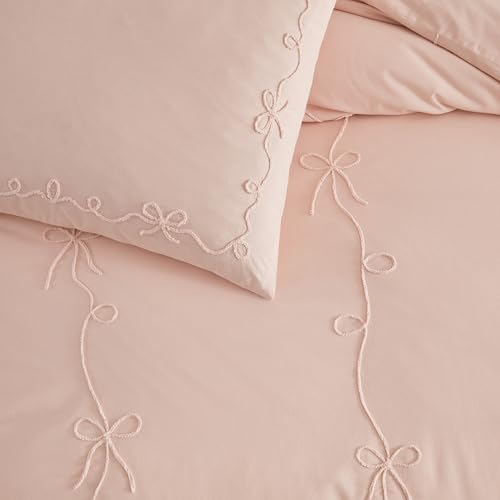Peri Home Bow Bedding Duvet Cover Cottage Core Vintage Country 100% Cotton 3-Piece Set, King, Blush Sasha Bows