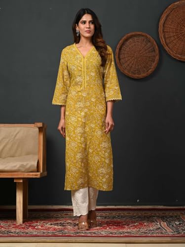 Image of Rimeline Women's Cotton Printed Kurta with Lace Trim Neckline | Straight Fit Ethnic Wear for Office, Casual & Daily Use
