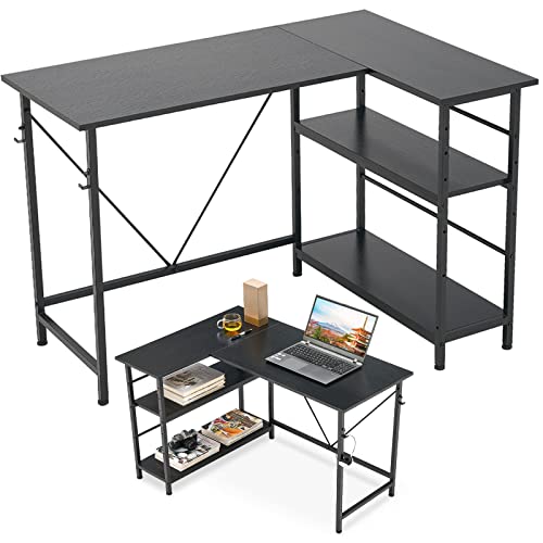 YDH パソコン・ゲーミングデスク l字 pcデスク 机 ワークデスク 2段可動棚 左右両対応 書斎 パソコンラック オフィス シンプル ワンルーム ゲーム モニターアーム リモートワーク (ブラック)