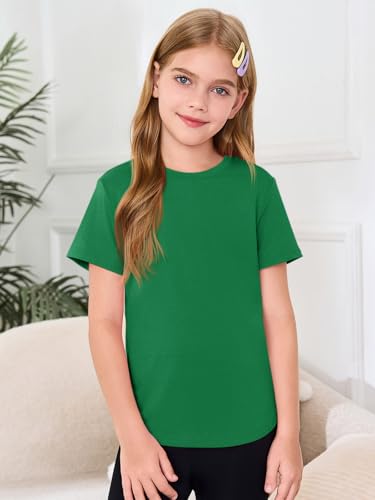 Haloumoning Girls Short Sleeve T Shirts Kids Summer Crewneck Tops Curved Hem Tees 5-14 Years2