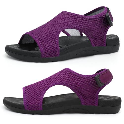 XIHALOOK Womens Orthopedic Walking Sandals Thick Cushion Adjustable Strap Sandals with Comfortable Plantar Fasciitis Arch Support Purple, Size 8.5