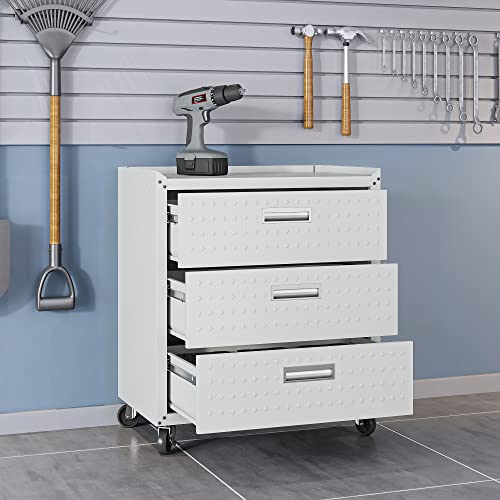 Image of Manhattan Comfort Fortress 31.5-Inch Rolling Garage Tool Chest, 3-Drawer Lockable Mobile Storage Cabinet, Diamond-Textured Steel Utility Organizer with Wheels for Basement, Workshop in White
