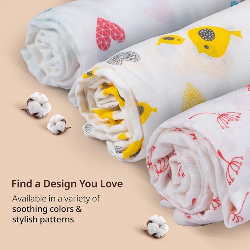 Image of LuvLap 100% Cotton Muslin Baby Swaddle Set, Baby Towel, Size-120cm x 100cm (47 inchx39 inch), Hearts Birds Printed on White, 0-18 Month+, Printed Mulmul Muslin Swaddle Wrap for New Born, Pack of 6