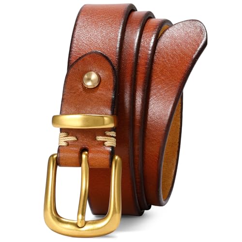 WHIPPY Womens Full Grain Leather Belts for Jeans Fashion Ladies Belt with Vintage Solid Gold Buckle for Pants Dresses