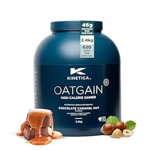 Kinetica Sports OatGain Weight Gainer – Chocolate Caramel Flavour | 620 Cal, 47g Protein & 78g Carbs/Serve, 15 Serving/2.4Kg | Optimum Grass Fed Protein Supplement | High Calorie & Easy Mixability