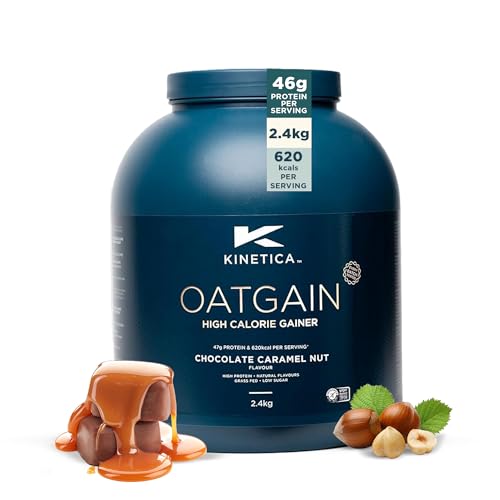 Kinetica Sports OatGain Weight Gainer - Chocolate Caramel Flavour | 620 Cal, 47g Protein & 78g Carbs/Serve, 15 Serving/2.4Kg | Optimum Grass Fed Protein Supplement | High Calorie & Easy Mixability