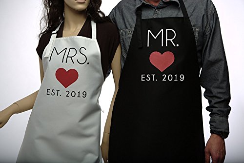 GSM Brands Mr. and Mrs. 2019 Couples Kitchen Aprons (2-Piece Set) Cute, Funny Cooking Bibs for Wedding Marriage Newlyweds