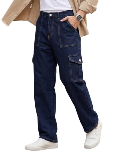 Image of Urbano Fashion Men's Loose Mid Rise Baggy Fit Cargo Jeans with 6 Pockets Non-Stretchable