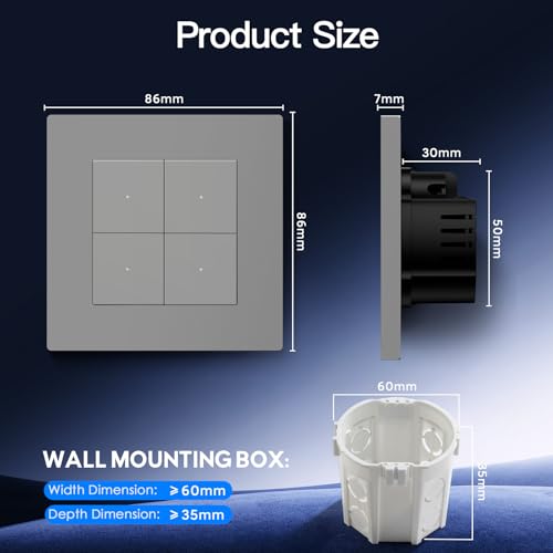 BSEED Smart Zigbee Schalter mit Steckklemme, Smart Lichtschalter Funktioniert mit Alexa & Google Home, Timing-Funktion, PC Rahmen, Zigbee Hub & Neutralleiter Erforderlich, 4 Fach 1 Weg, Grau