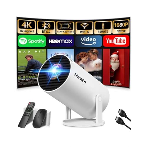 Beamer 4K Projektor Full HD 1080P【2026 Modell】 Mini Beamer mit WiFi 6 und Bluetooth 5.2, Android Tragbarer Projector 270° Dreh mit Auto Keystone für PC/HDMI/USB，mit Maus und Fernbedienung, Weiß