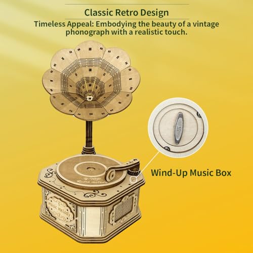 Gramófono retro de madera interactivo: caja de música 3D DIY con engranajes para montar 5