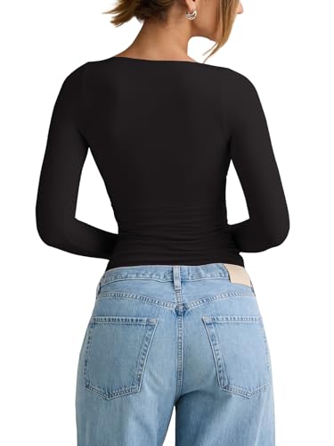 REORIA Womens 2025 Fall Fashion Deep V Neck Long Sleeve Shirts Double Lined Casual Slim Fitted Tops3