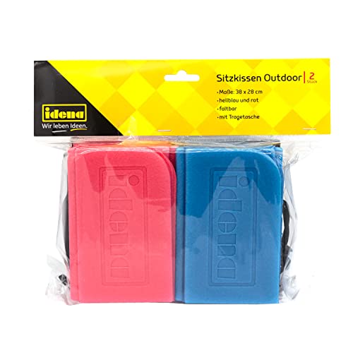 Idena 40613 - Cojín de Asiento para Exteriores 38 x 28 cm, Azul Claro/Rojo Juego de 2, Plegable con Bolsa de Transporte, práctico para Llevar
