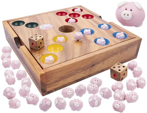 Engelhart Schweinchen Spiel Wurfelspiel mit 60 Keramik Schweinchen Ferkelspiel in Holzbox lustiges Gesellschaftsspiel ab 6 Jahren fur Kinder und Erwachsene 350440