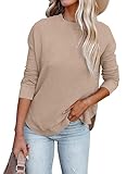 LOLONG Womens Long Sleeve Tops Waffle Tunic Knit Casual Shirts Ladies Round Neck Basic Solid Spring Blouses Apricot S