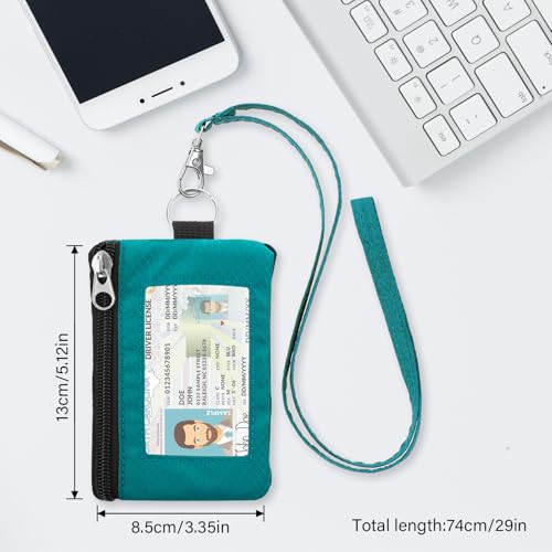 Image of Minimalist RFID Wallet with Lanyard, Multi-Functional ID Case with 2 Zipper Pockets and Key Chain for Men and Women, Tactical Badge Pouch Cards Holder, Coin Purse for Travel - Peacock&Pink