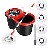 Lambert Frame Spin Mop and Bucket System with Wringer, 360° Rotating Mop, Includes 3 Microfiber Replacement Heads and Hight Adjustable Stainless Steel Handle for Floor Cleaning (Black)